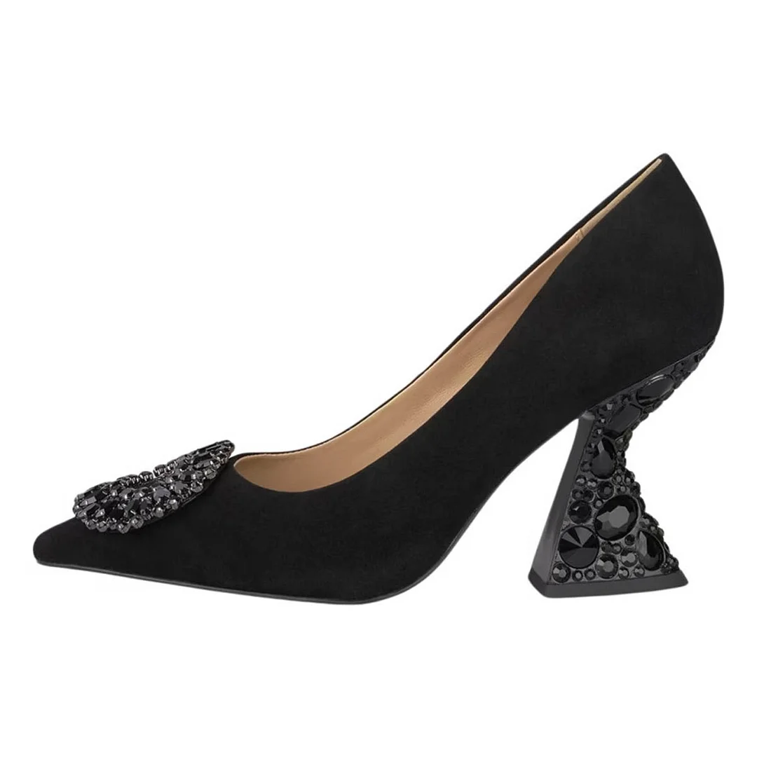 Black Faux Suede Pointed Toe Rhinestone Embellished Elegant Pumps