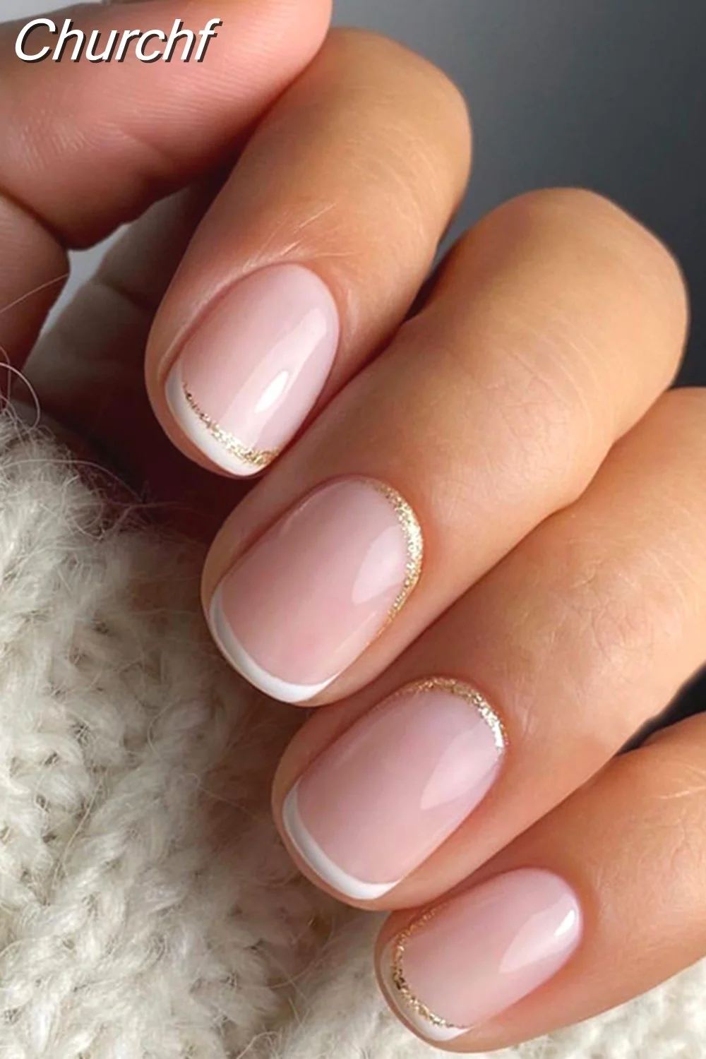 Churchf French White Side False Nails Wearable Rhinestone Desgin Fake Nails Short Simple Nail Full Cover Nail Tips Press On Nails-Nail Inspo