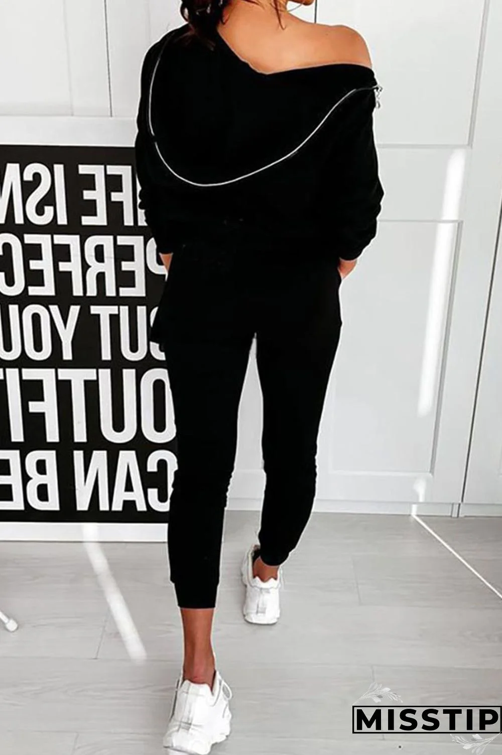 Black Casual Sportswear Print Patchwork Zipper Hooded Collar Long Sleeve Two Pieces