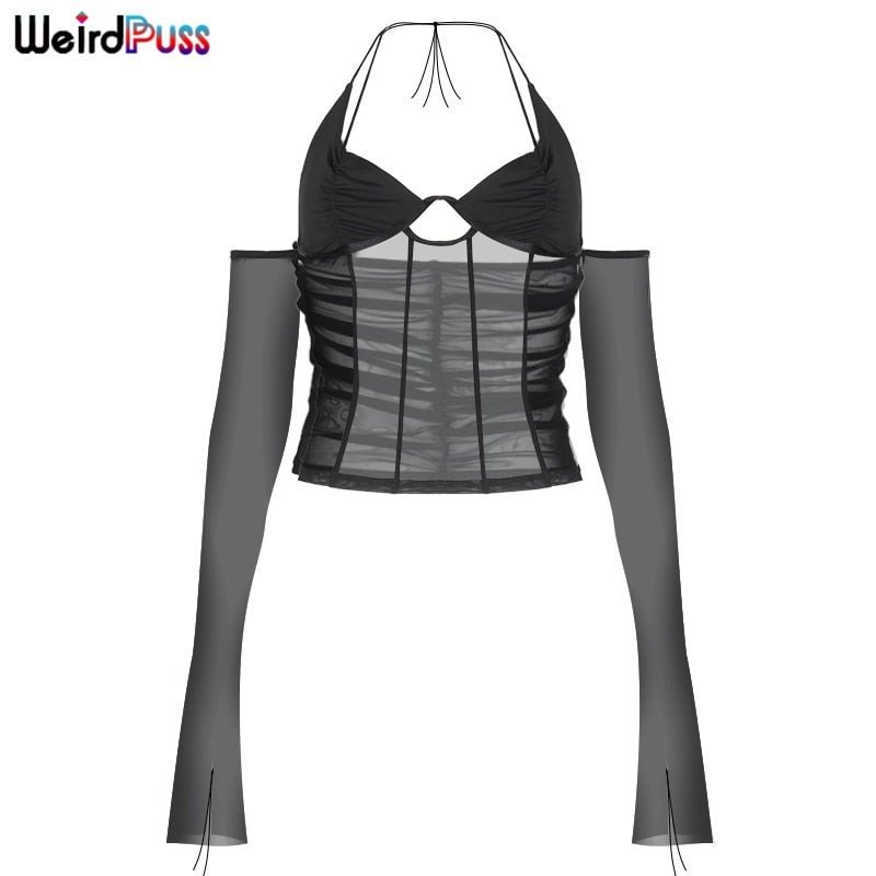 Weird Puss Sexy Mesh Women Long Sleeve T-Shirt Backless Y2K Top Halter Off Shoulder Chic Patchwork Fashion Club Party Streetwear