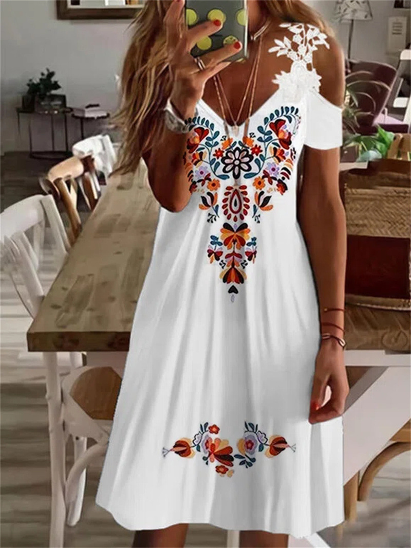 Women's Casual Slimming Printed V-neck Lace Cold Shoulder Dress