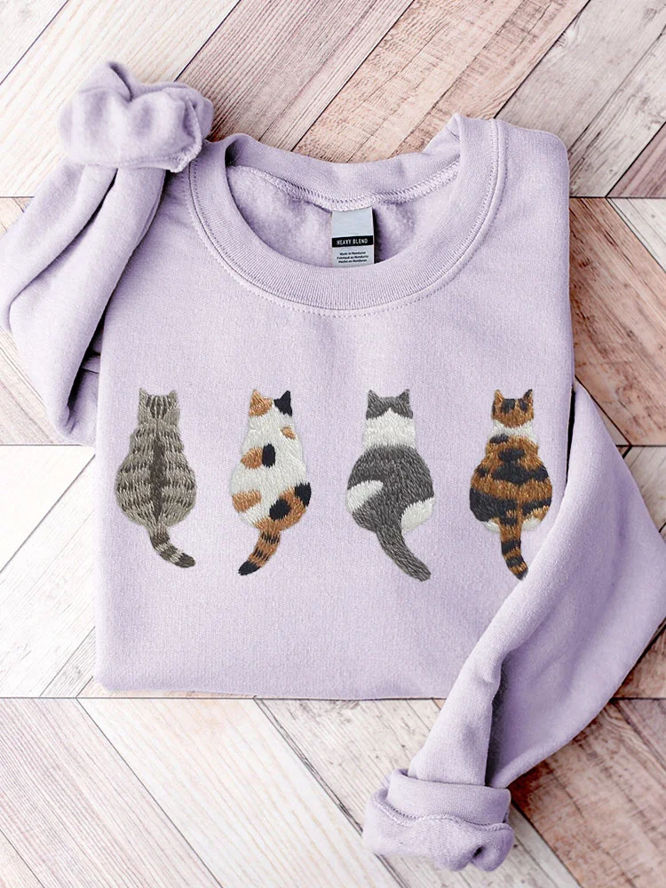 Cute Cats Embroidery Pattern Casual Cozy Sweatshirt