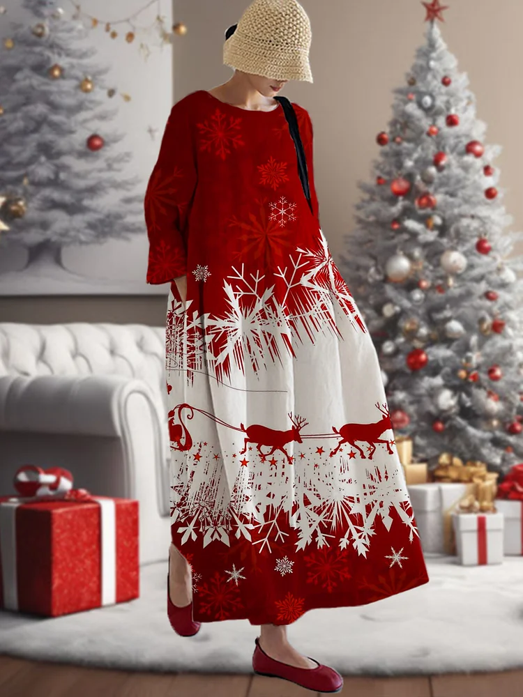 Women's Casual Christmas Deer Print Long Sleeve Midi Dress