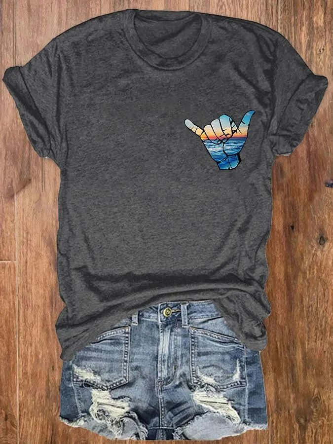 Women's Hawaiian Shaka Gesture Print T-shirt