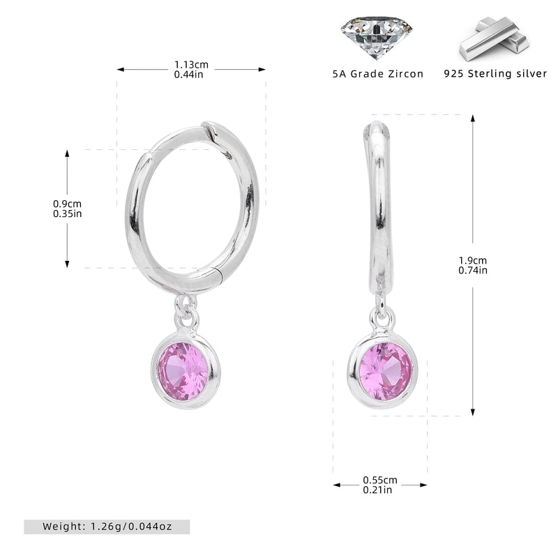1 Pair 925 Sterling Silver Birthstone Round Drop Earrings