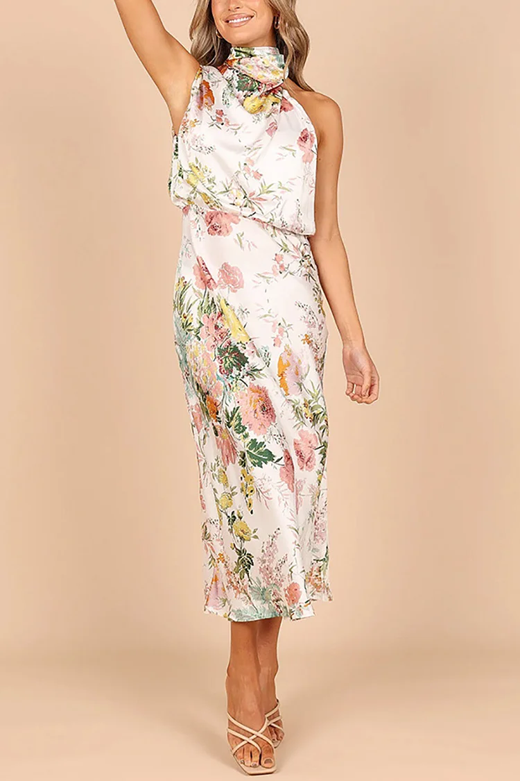 High Neck Halter Sleeveless Floral Print Flowy Midi Dress