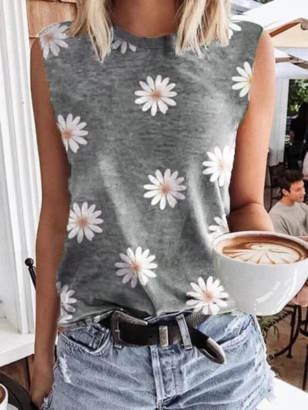 Sleeveless T-shirt with Daisy print round neck | IFYHOME