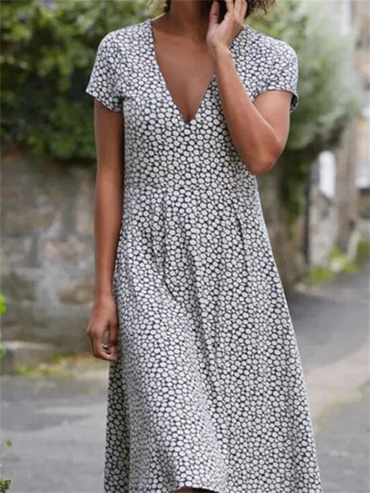 Short Sleeved V-Neck Dress Polka Dot Skirt Medium Length Skirt