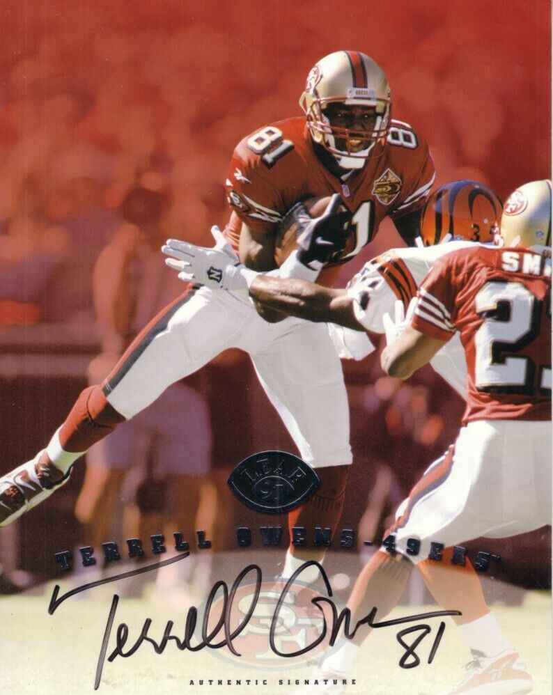 Terrell Owens certified autographed signed auto 49ers 1997 Leaf 8x10 Photo Poster painting card