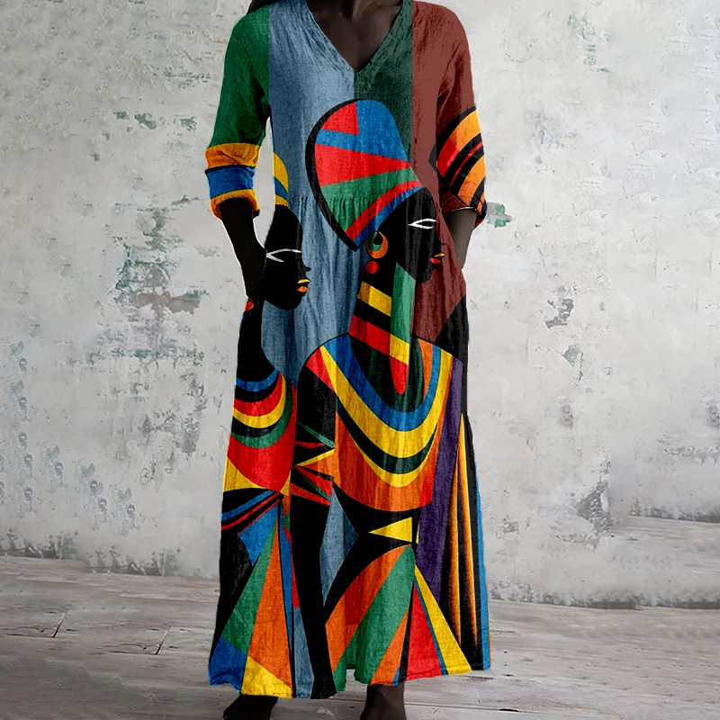 African Women Art Pattern Linen Maxi Dress