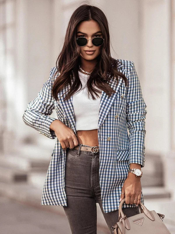 Women's Plaid Print Double-breasted Blazer Flusfy