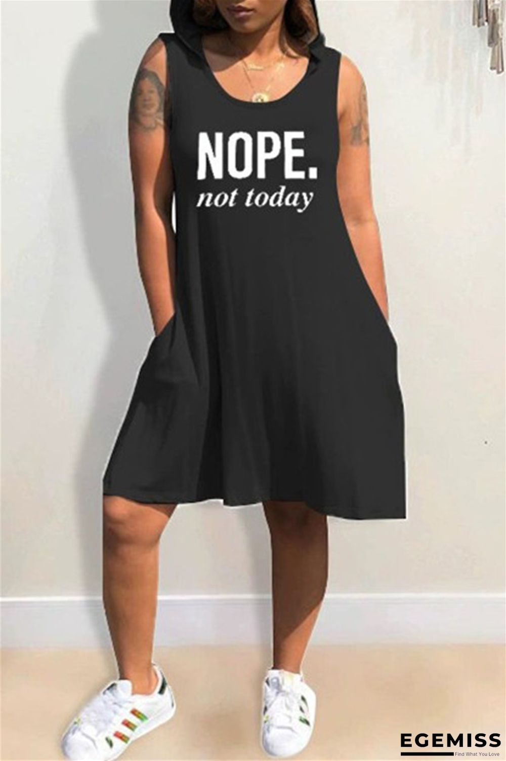 Black Fashion Casual Letter Print Basic Hooded Collar Sleeveless Dress Dresses | EGEMISS