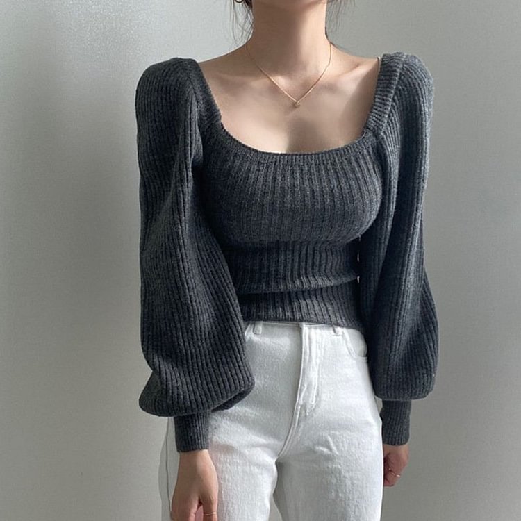 Plain Knit Top With Square Collar And Bubble Sleeves
