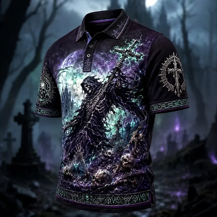 Men's Halloween Retro Dark Death Print Short-sleeve Polo Shirt