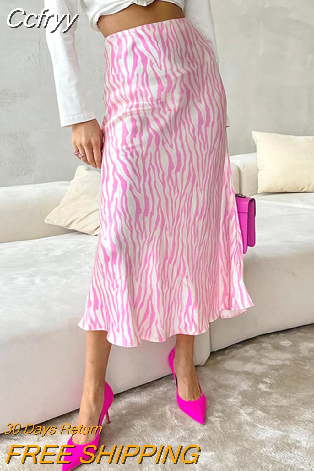 huibahe Fashion Satin Print Skirts Women 2023 Elegant Pink Office Lady Zebra Skirts Summer Patchwork High Waist A-Line Midi Skirt