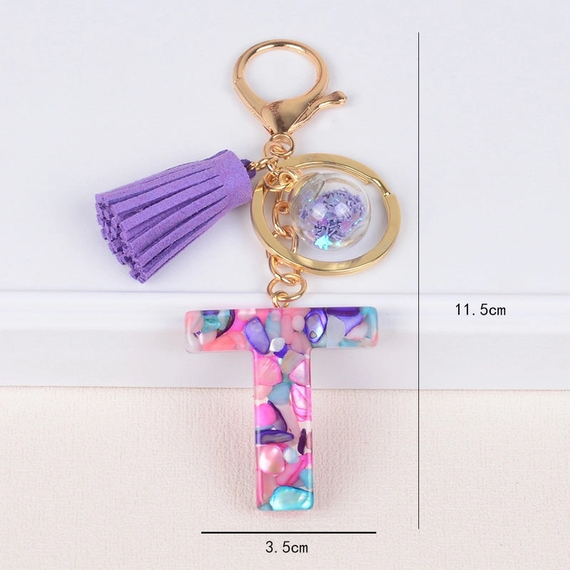 Fashion Style 26 English Letters Keychain Crystal Epoxy Color Stone Letter Tassel Pendant Bag