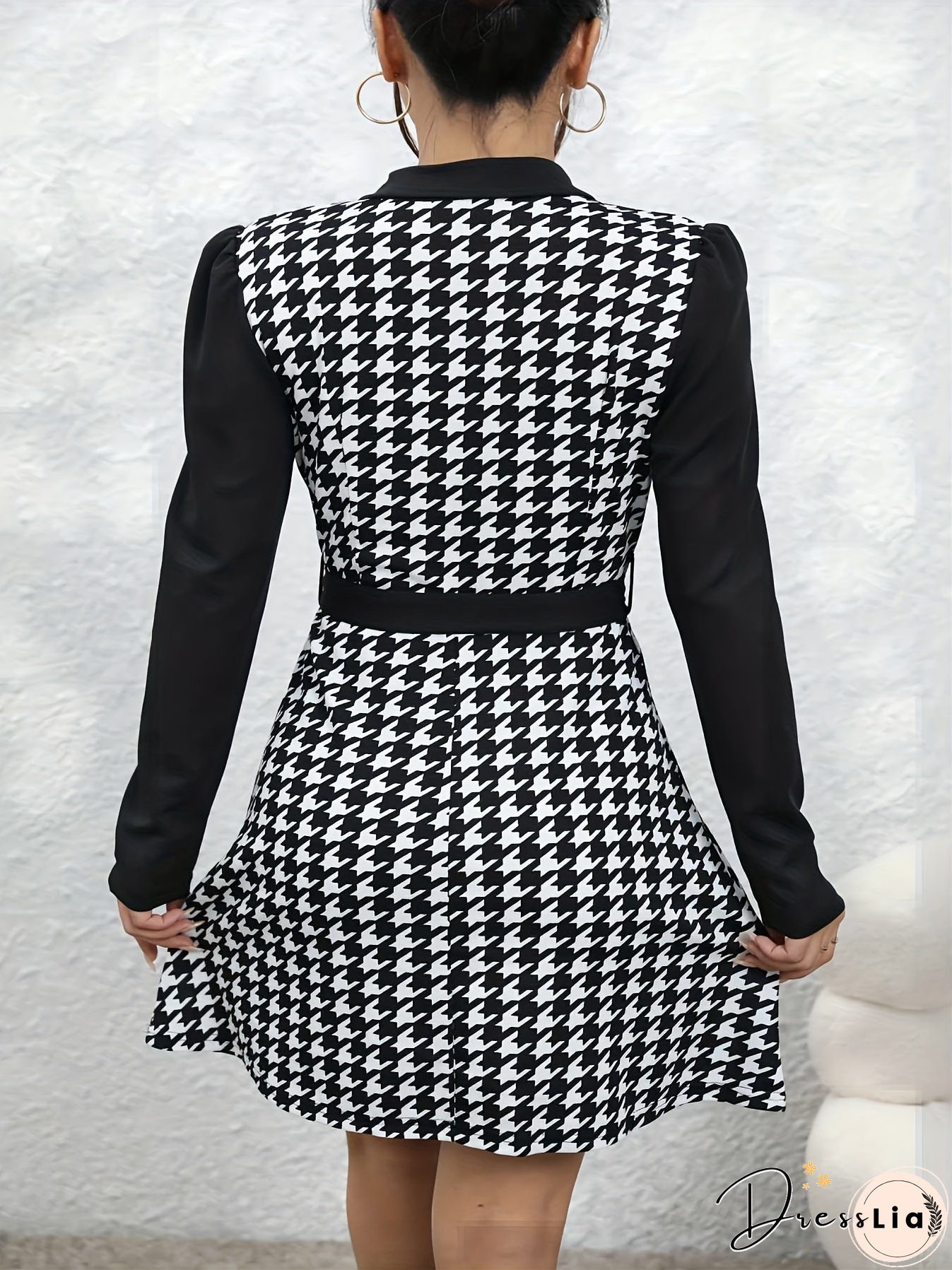 Houndstooth Print Simple Dress, Elegant V Neck Long Sleeve Dress, Women's Clothing