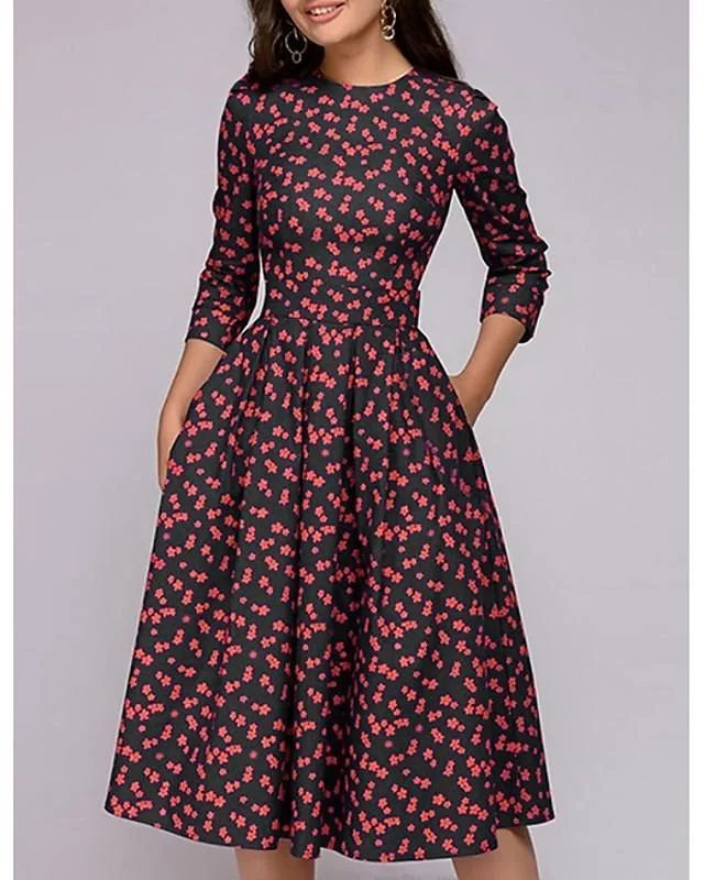 Women's A-Line Dress Midi Dress 3/4 Length Sleeve Floral Print Spring Hot Red S M L XL XXL