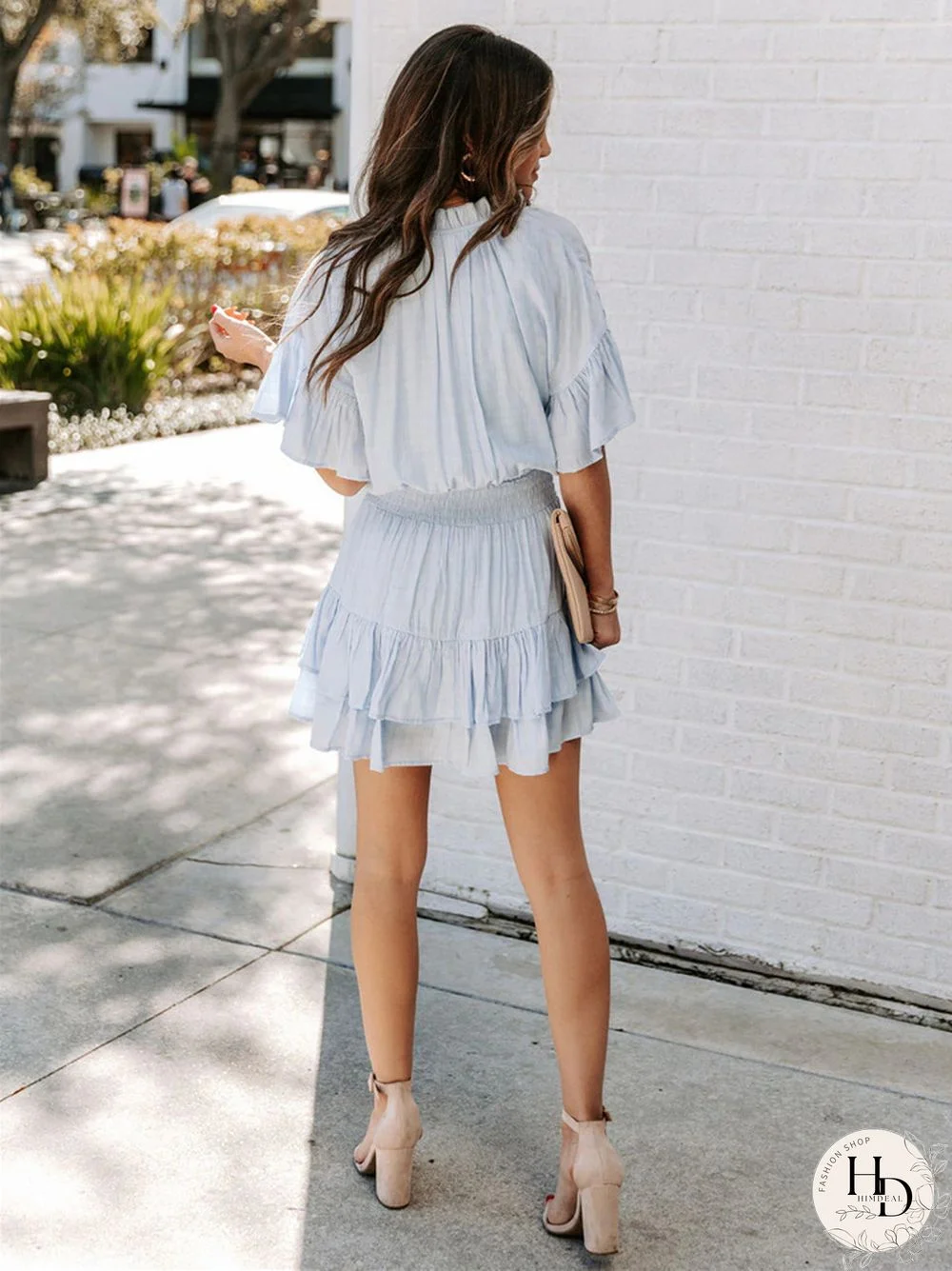 Solid Color Short Sleeve Dress with Ruffled V-neck