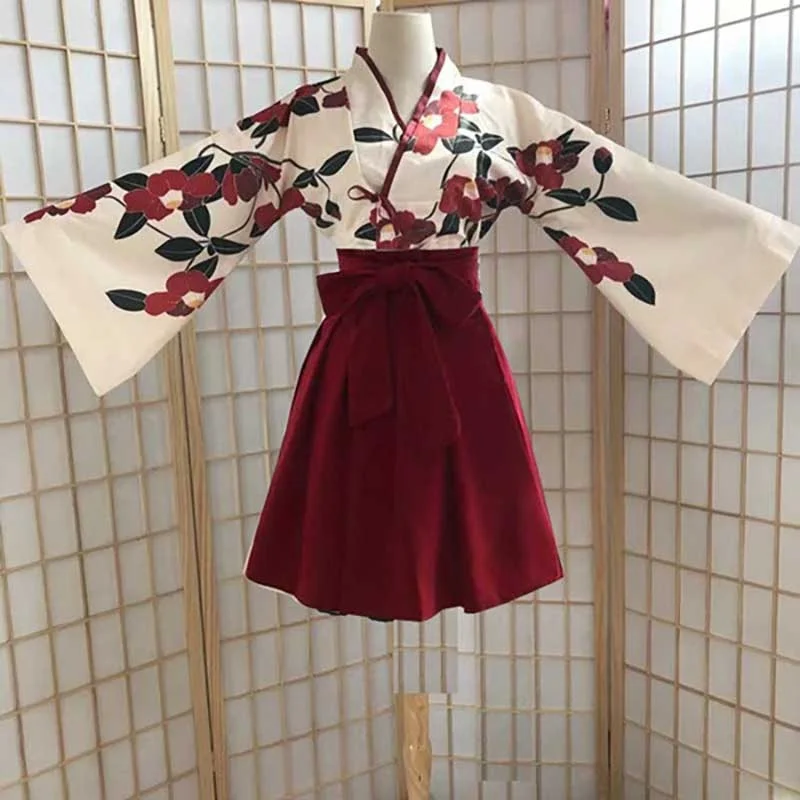 NiceMix Japanese Sweet Kawaill Girl Kimono Cardigan Prove Kimonos Coat Flower Print Badange Skirt 2 PCS Sets Black Dress