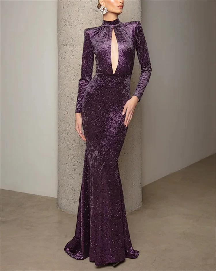 Women's Purple Hollow Long Sleeve Dress