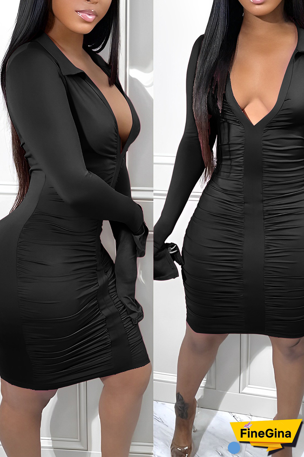 Blue Sexy Solid Fold Turndown Collar Pencil Skirt Dresses