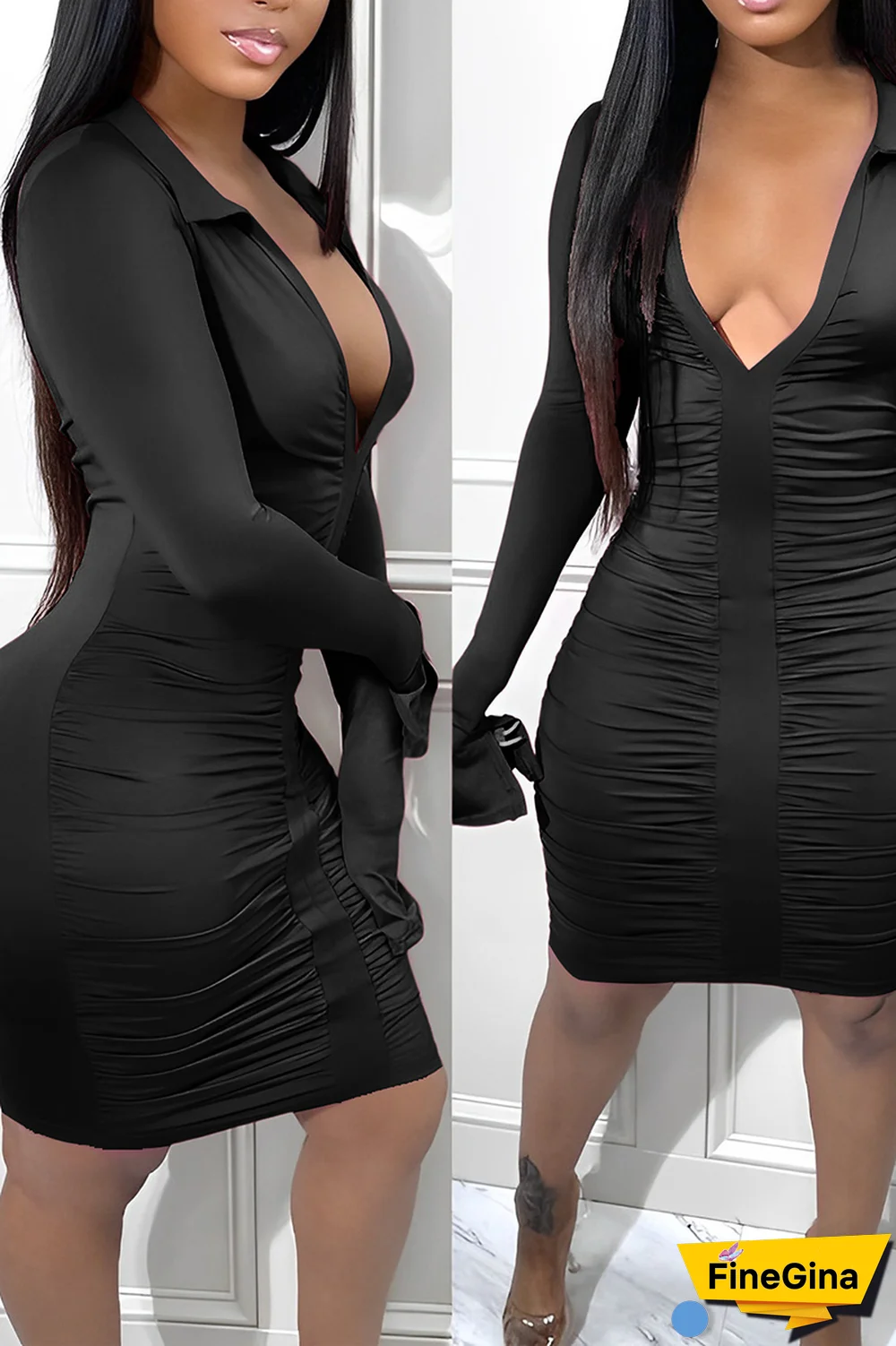 Blue Sexy Solid Fold Turndown Collar Pencil Skirt Dresses