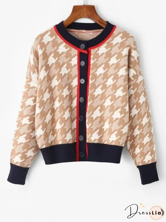 Button Up Crew Neck Houndstooth Cardigan