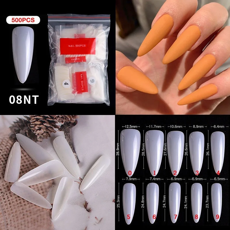 500Pcs False Nail Extension French Natural Transparent Stiletto Coffin False Nails Tips Long Acrylic UV Gel Nail Polish Manicure-Nail Inspo