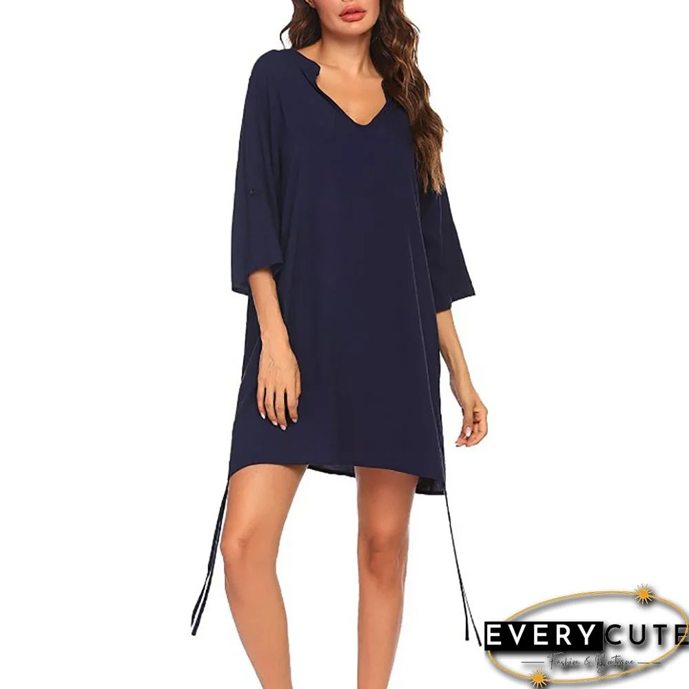 Navy Blue V Neck Drawstring Beach Cover Dress