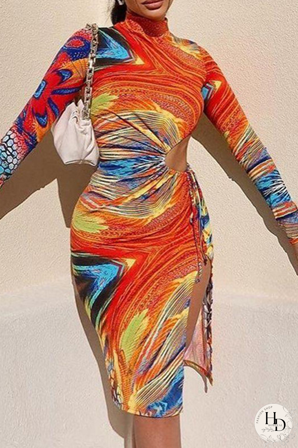 Tangerine Red Sexy Print Hollowed Out Half A Turtleneck Pencil Skirt Dresses