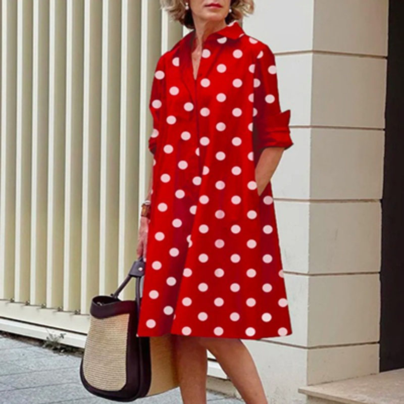 Gamezstake Elegant Turn-down Collar Women Shirts Dress Spring Polka Dot Print Office Party Dress Autumn Long Sleeve Pocket Pullover Dresses