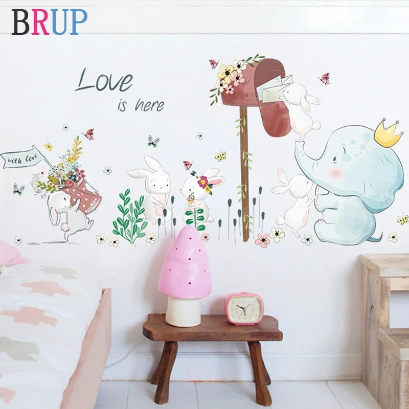 Cartoon Lovely Animals Wall Stickers for Kids Rooms Rabbits Elephant Recieve Email Decorative Vinyls for Walls Room Decor