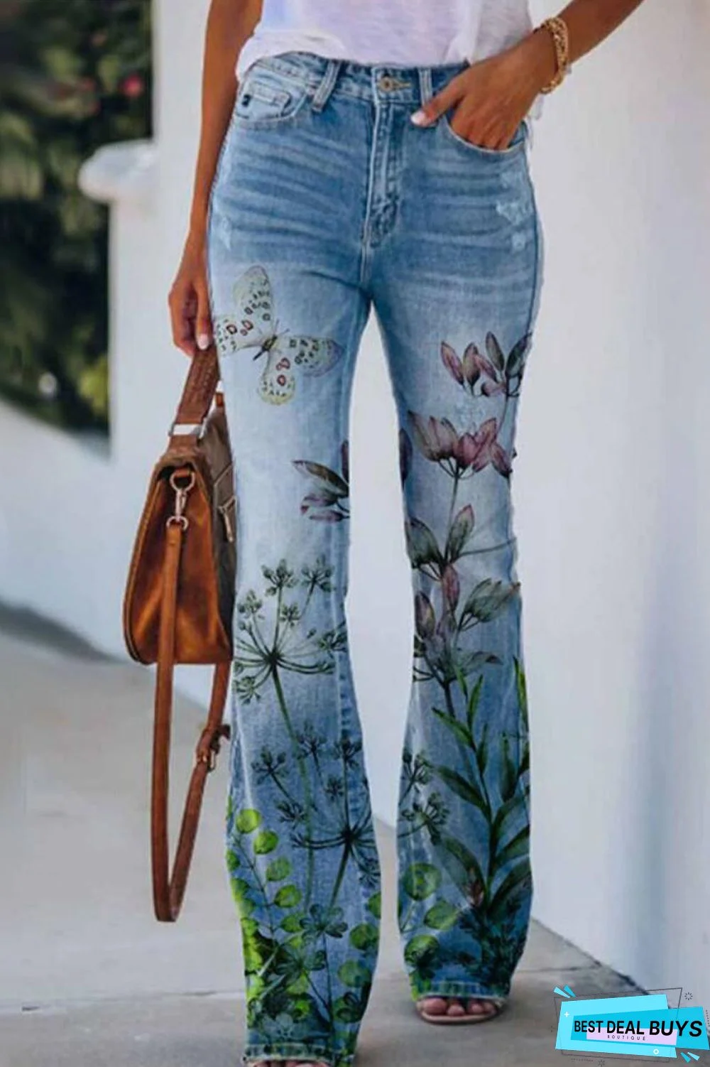 Casual Floral Pocket Regular Denim Jeans