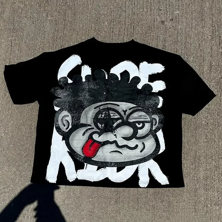 Aonga Retro New Large Face Pattern Printed Cotton T-shirt for Men Y2K Summer, Men and Women Short Sleeve Harajuku Oversized Top aonga