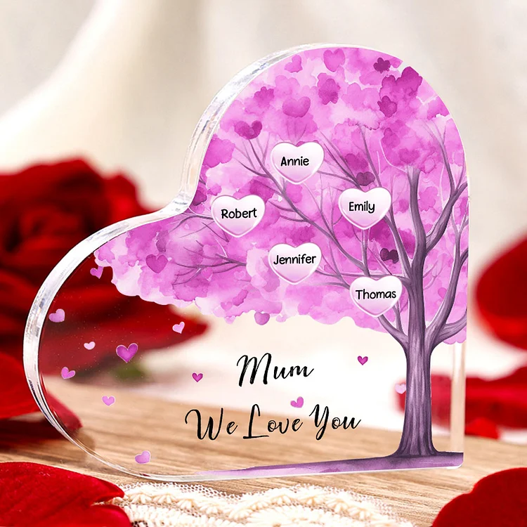 Decorazione acrilica albero di cuore viola a forma di cuore 5 nomi e 1 testo personalizzati per MAMMA/NONNA 