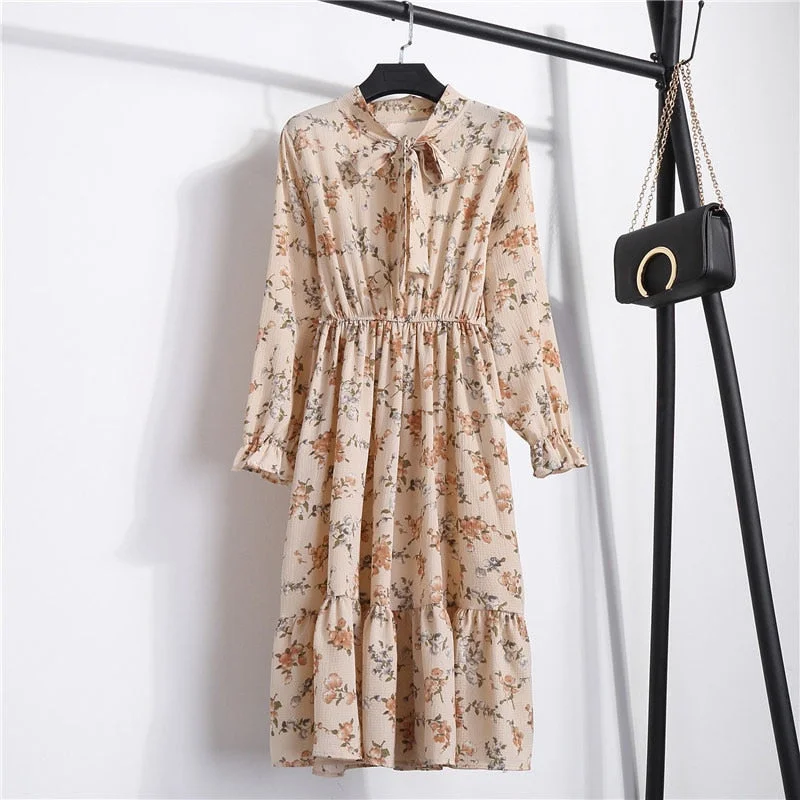 Autumn Chiffon Shirt Dresses Long Sleeve Polka Dot Plaid Office Vintage Dress 2022 Women Summer Casual Midi Floral Dress Vestido