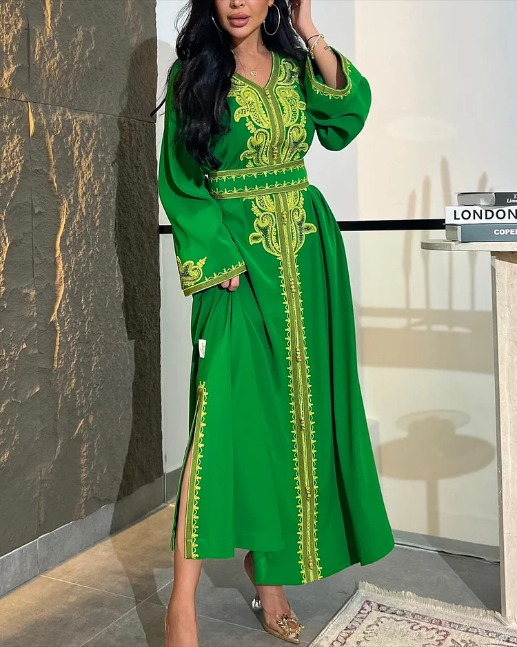 Women's V-Neck Embroidered Kaftan Dress