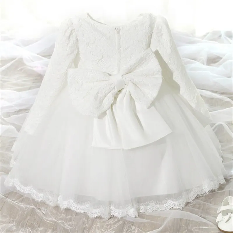 Uveng New Winter Baby Girl Dress 1 year Birthday Dress White Lace Baptism Vestido Infantil Bowknot Princess Dresses for Wedding Party