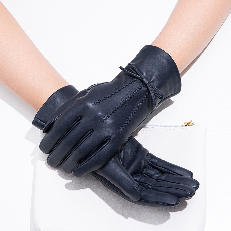 Solid Color Bow Leather Gloves Winter Short Warm Split Finger Gloves Women's Outdoor Windproof Coldproof Business Gloves