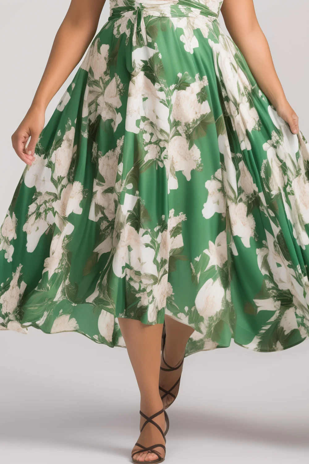 Flycurvy Plus Size Vacation Green Chiffon Floral Print Wrap Midi Dress