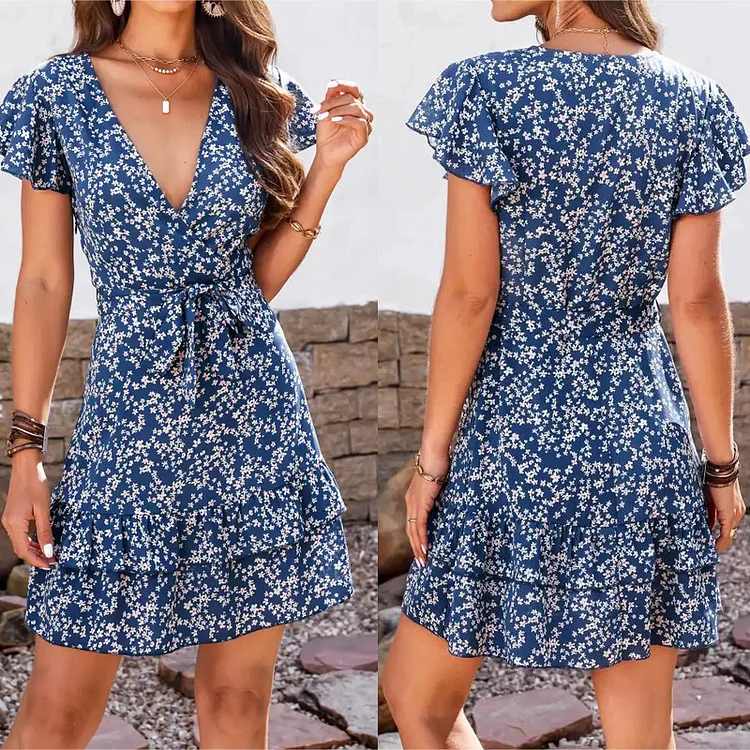 Women's Elegant Summer Ruffle Print Boho Beach Mini Dress