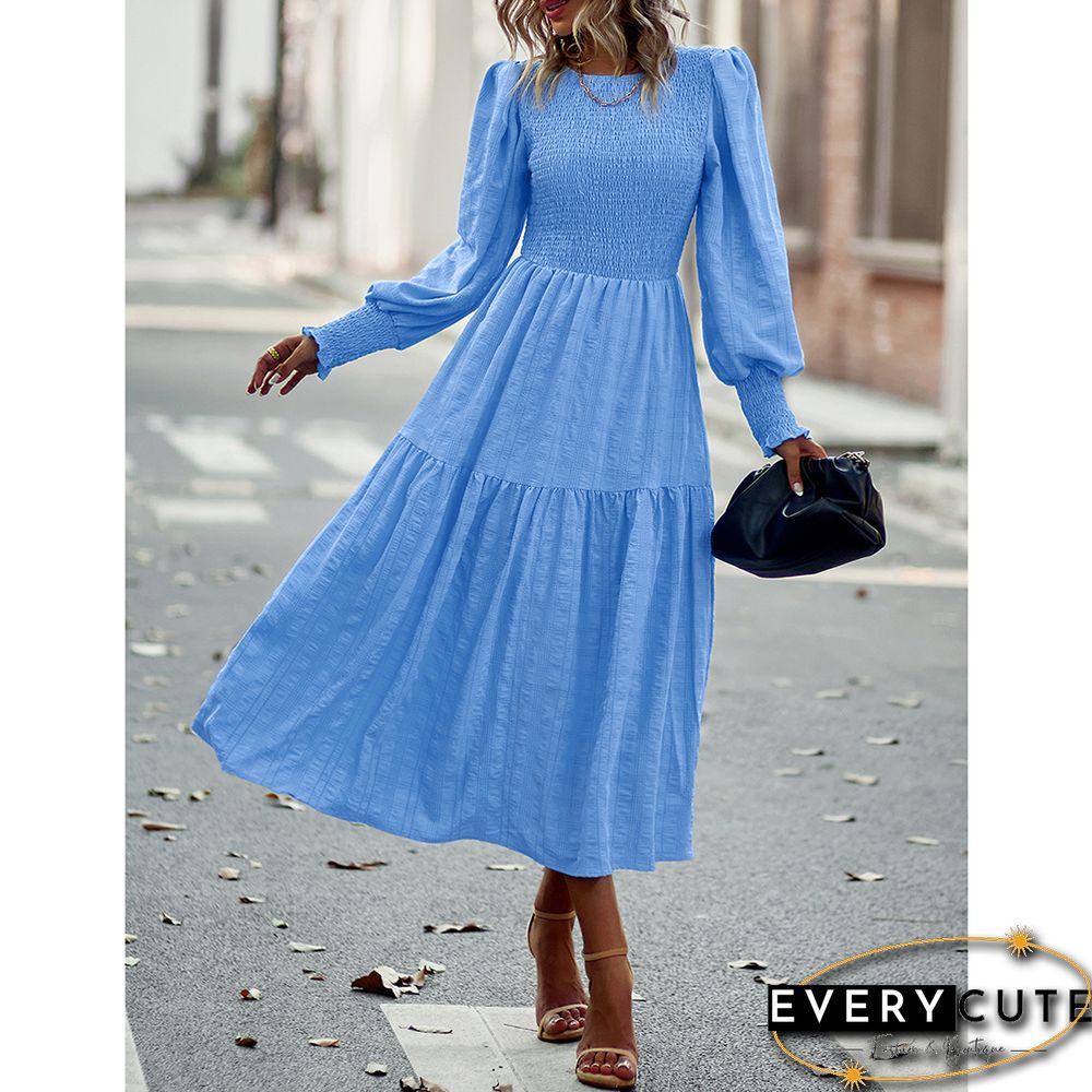 Light Blue Puff Sleeve Pleated Swing Long Dress