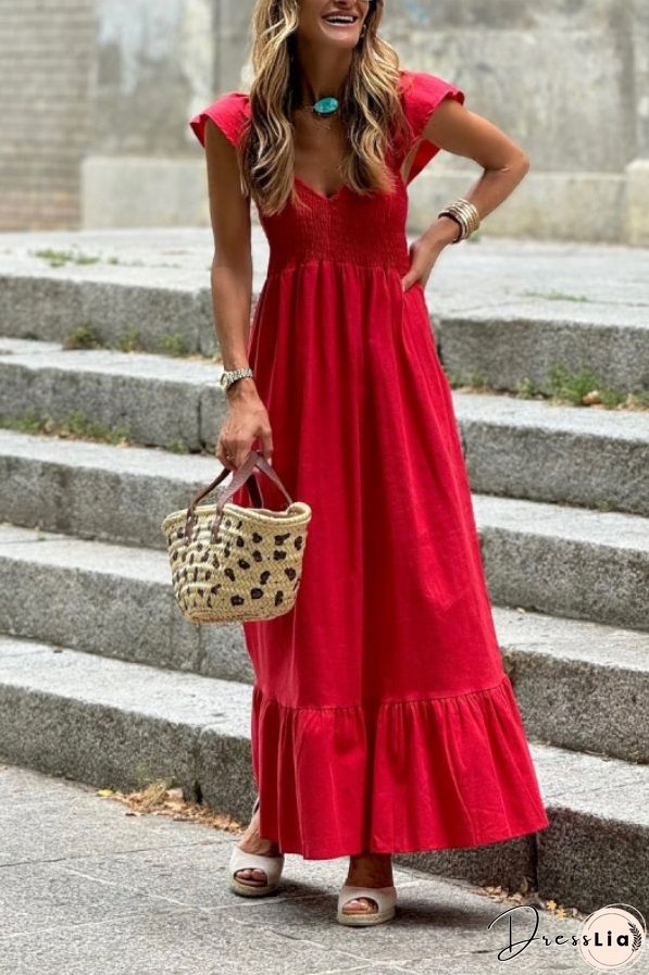 V-neck Waist Ruffled Short Sleeves Loose Hem Long Dress
