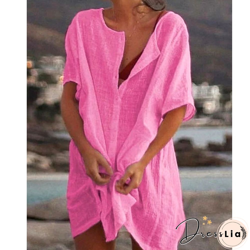 Plus Size Fashion Summer Women's Casual Beach Wear Swimwear Cover-up Linen Dress Loose Short Sleeve Deep V-neck Solid Color Mini Party Dress
