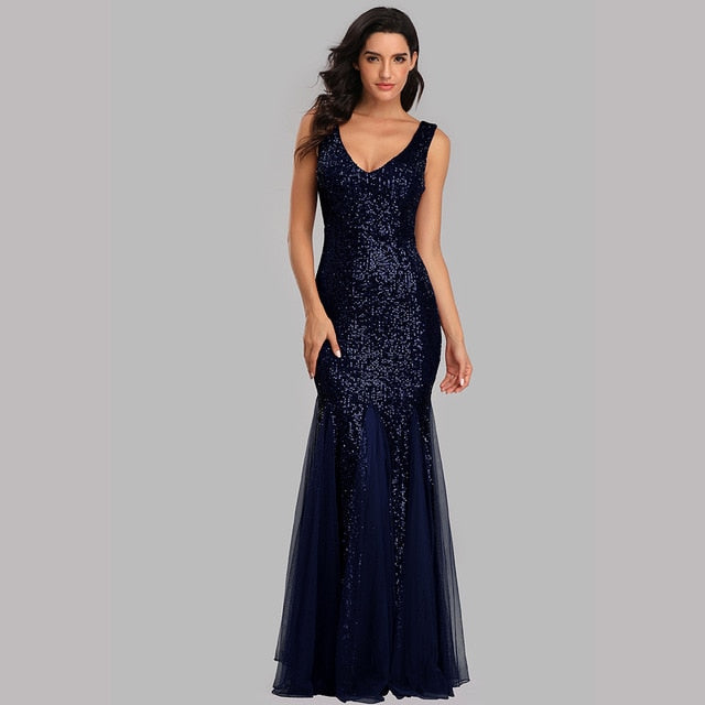 LANFUBEISI Plus Size V Neck Mermaid Cocktail Dress Long Formal Prom Party Gown Sequins Sleeveless Robe De Soriee Sexy Evening Vestido De LANFUBEISI