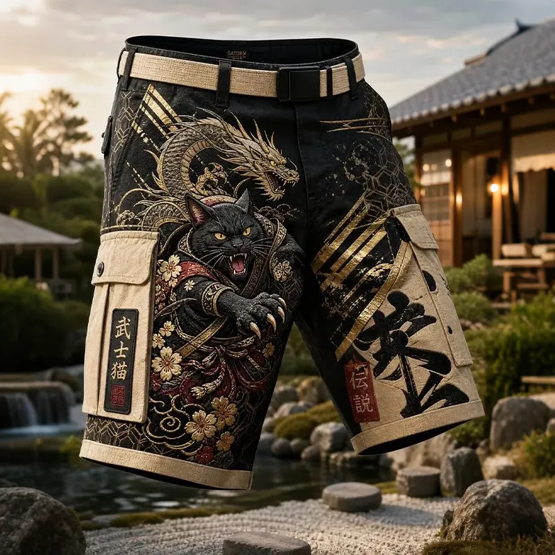 Men's Japanese Samurai Cat Dragon And Cherry Blossom Art Print Shorts  artssus