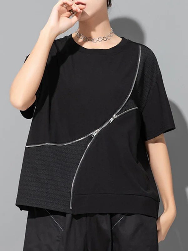 Roomy Short Sleeves Asymmetric Split-Joint Zipper Round-Neck T-Shirts Tops
