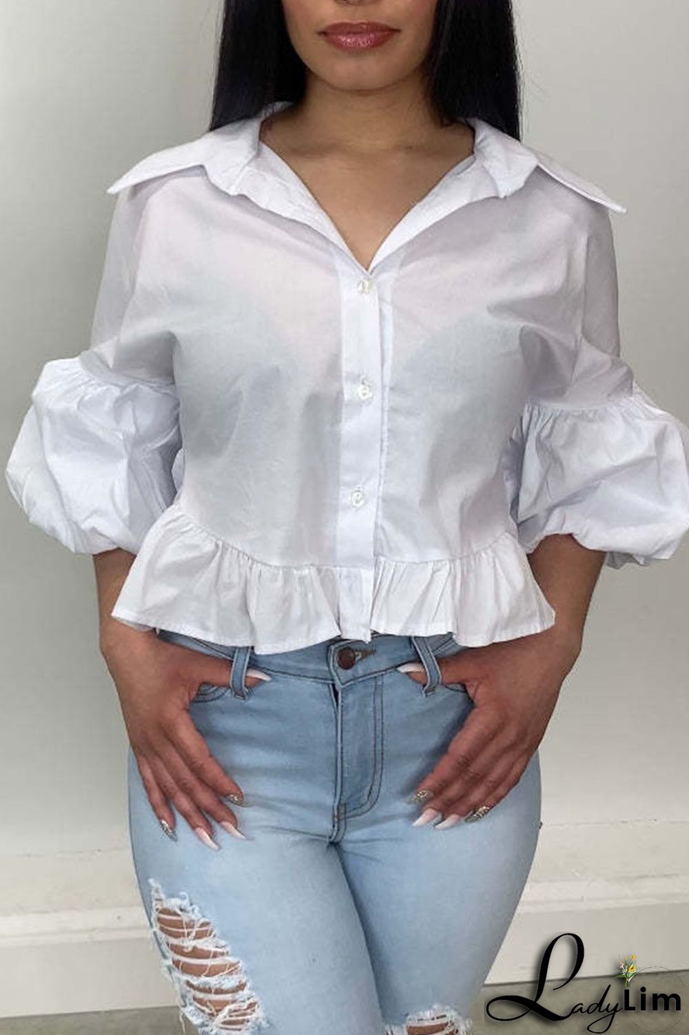White Casual Solid Split Joint Buckle Turndown Collar Tops