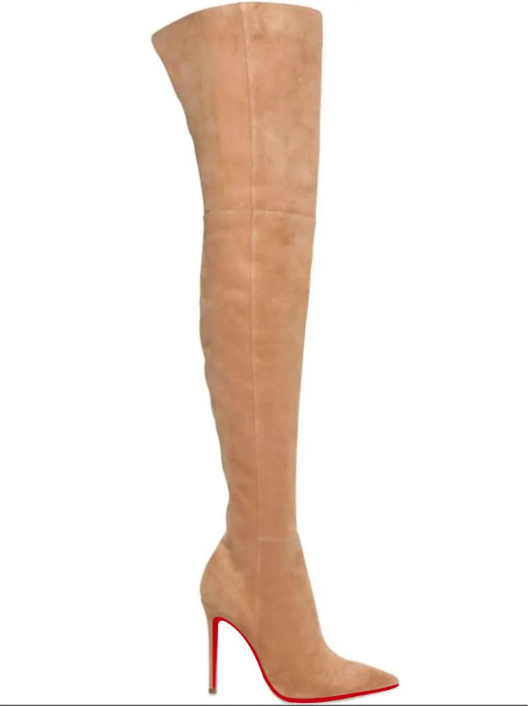 100mm Women's High Heels Red Bottoms Microsuede Over The Knee Boots VOCOSI VOCOSI